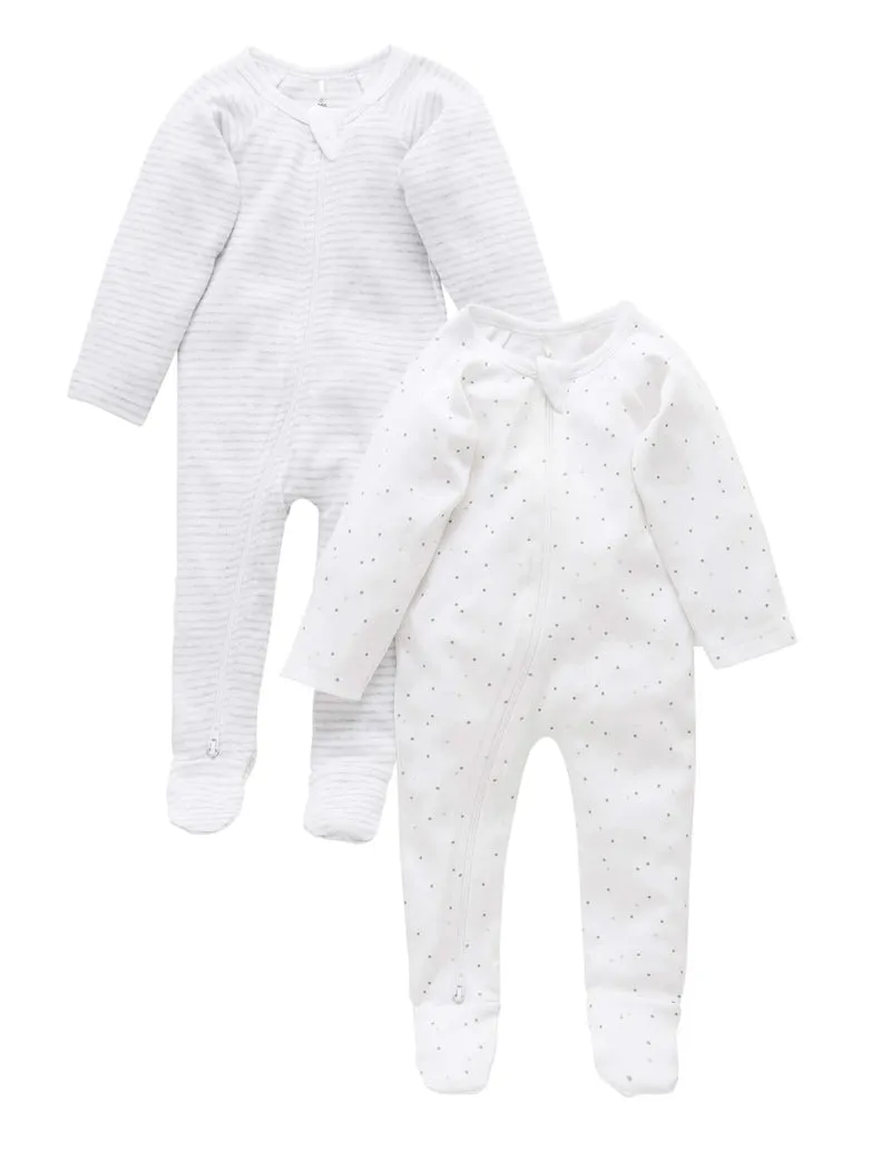 2 Pack Zip Growsuit - Pale Grey Spot / Pale Grey Melange