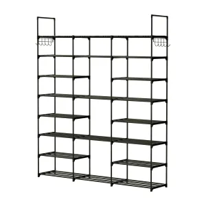 8-Tier 3-Row Shoe Rack Metal Shoe Storage Shelf Free Standing Large Shoe Stand 42 Pairs Shoe Tower Unit Tall Shoe Organizer with 2 Hooks for Entryway