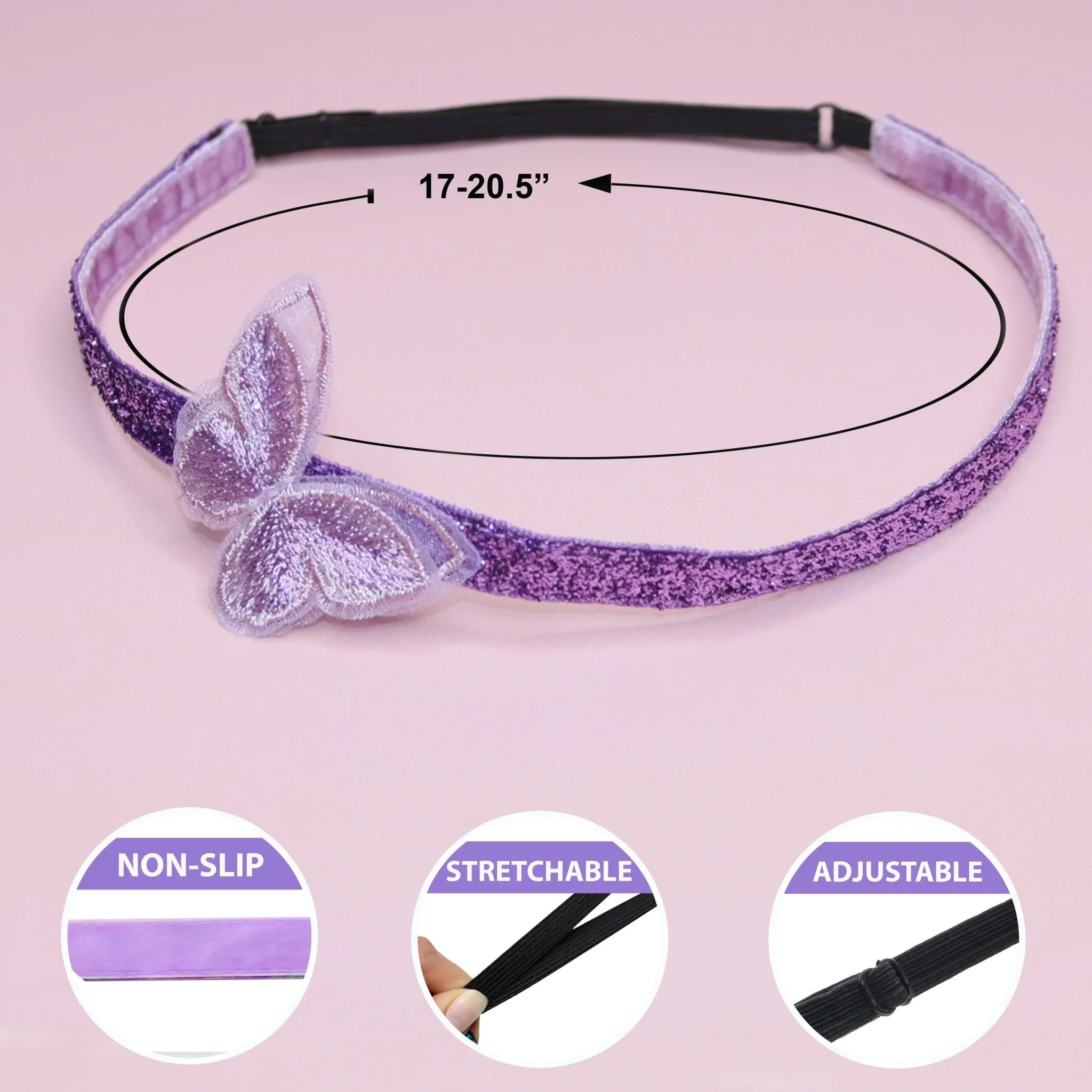 Adjustable No Slip Glitter Butterfly Headbands - 4 Pack