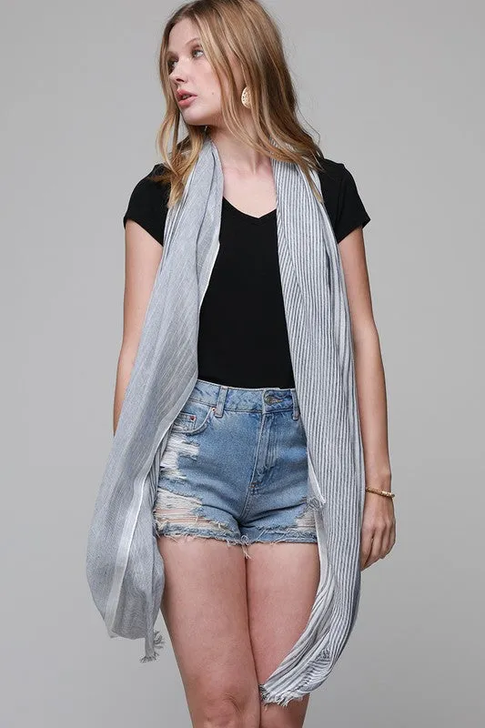 Blue Slender stripe oblong lightweight frayed fringe scarf