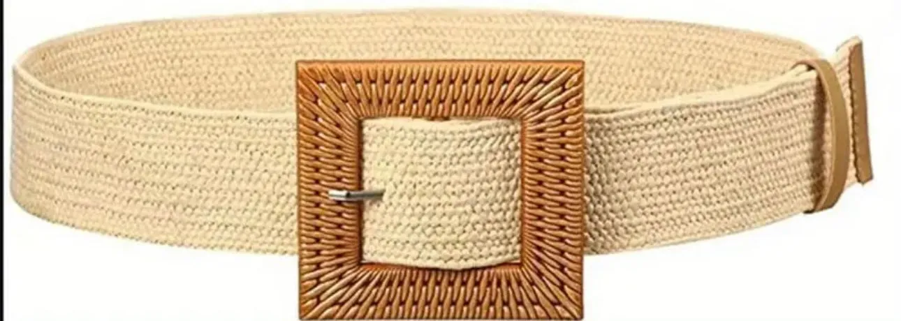 Boho Straw Wide Belts Classic Solid Color Imitation Wooden Buckle Belt Elastic Waistband Elegant Dress