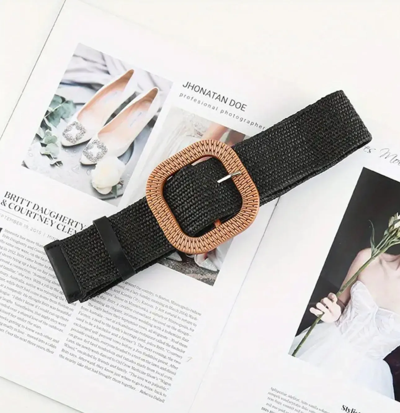 Boho Straw Wide Belts Classic Solid Color Imitation Wooden Buckle Belt Elastic Waistband Elegant Dress