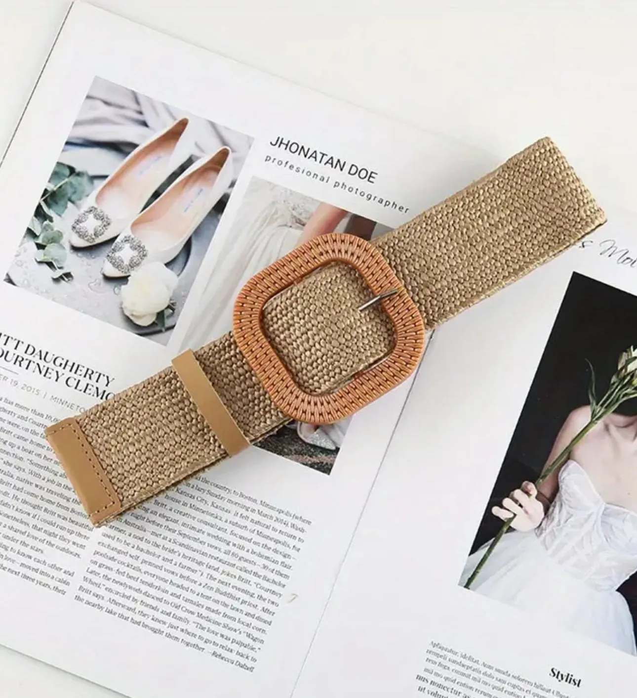 Boho Straw Wide Belts Classic Solid Color Imitation Wooden Buckle Belt Elastic Waistband Elegant Dress