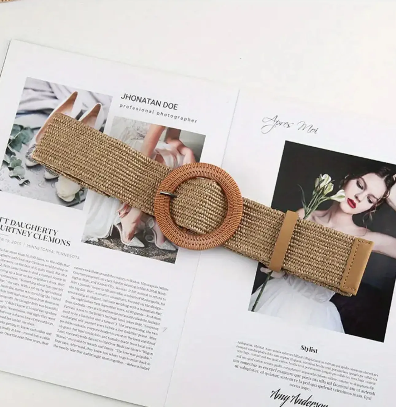 Boho Straw Wide Belts Classic Solid Color Imitation Wooden Buckle Belt Elastic Waistband Elegant Dress