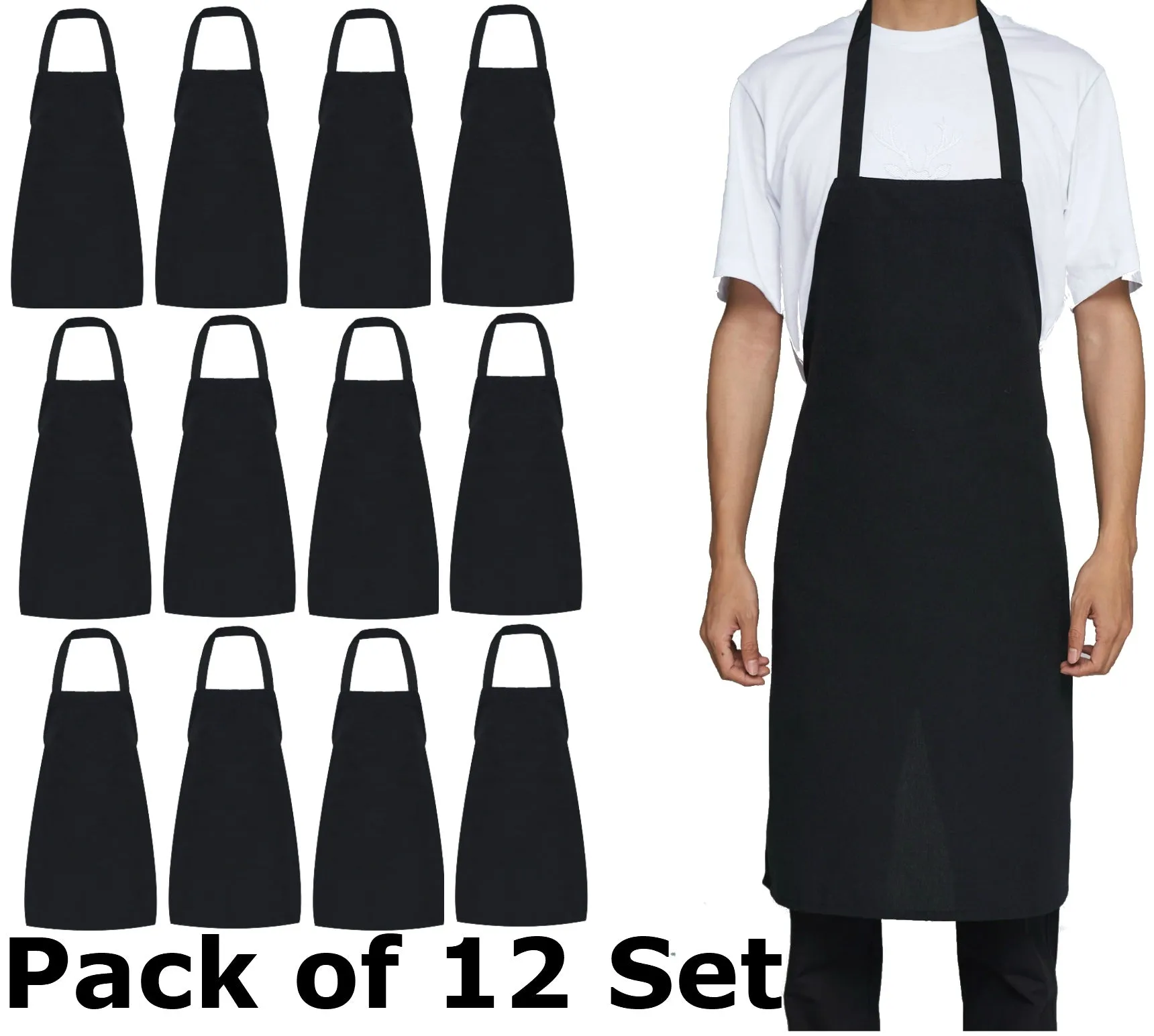 BTExpert 12 Bib Apron Kitchen Bar 32x28  Bulk Extra Long Ties Unisex Black Machine Washable Professional Crafting Drawing Chef Cooking Baking Restaurant