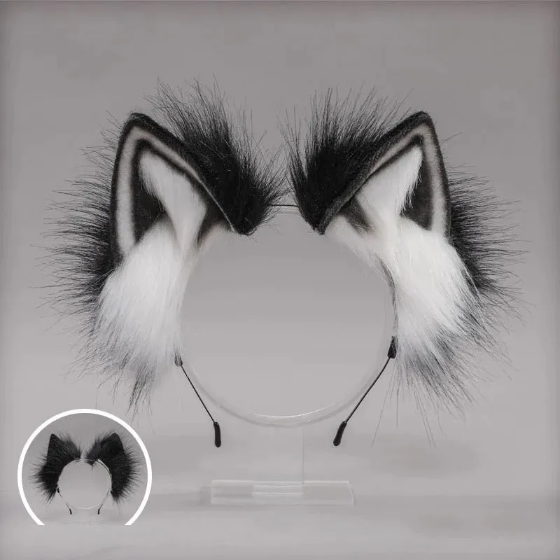 Deluxe Faux Plush Fur Animal Ears Headband - Black White Cat