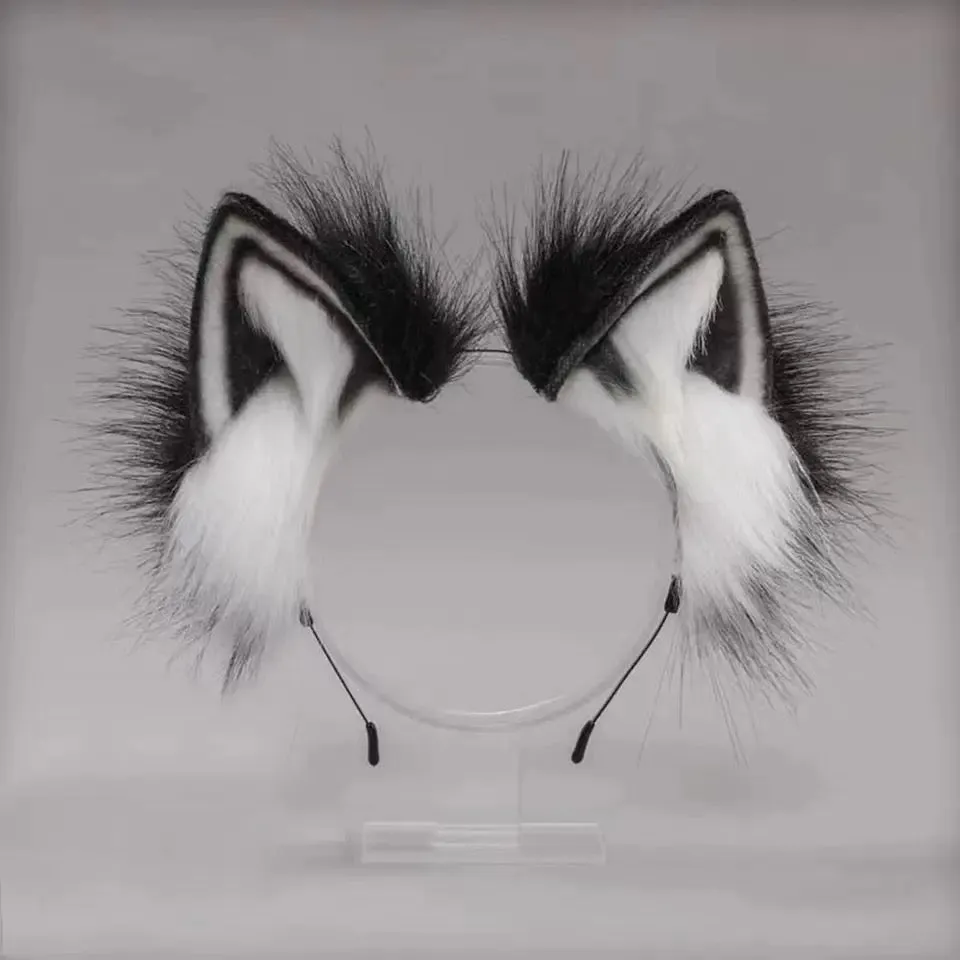 Deluxe Faux Plush Fur Animal Ears Headband - Black White Cat