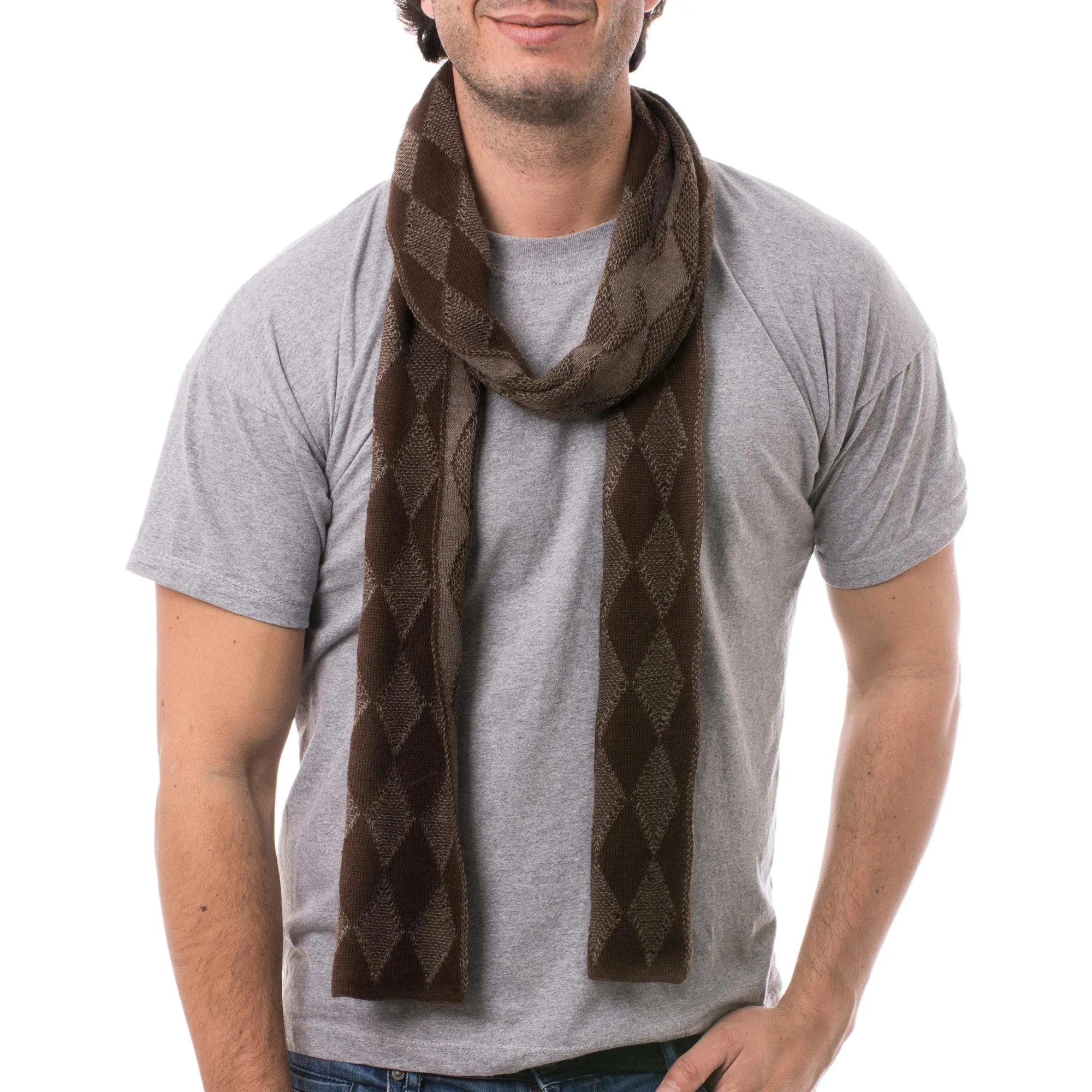 Diamond Brown Men's Knit Alpaca Blend Scarf with Brown Diamond Patterns