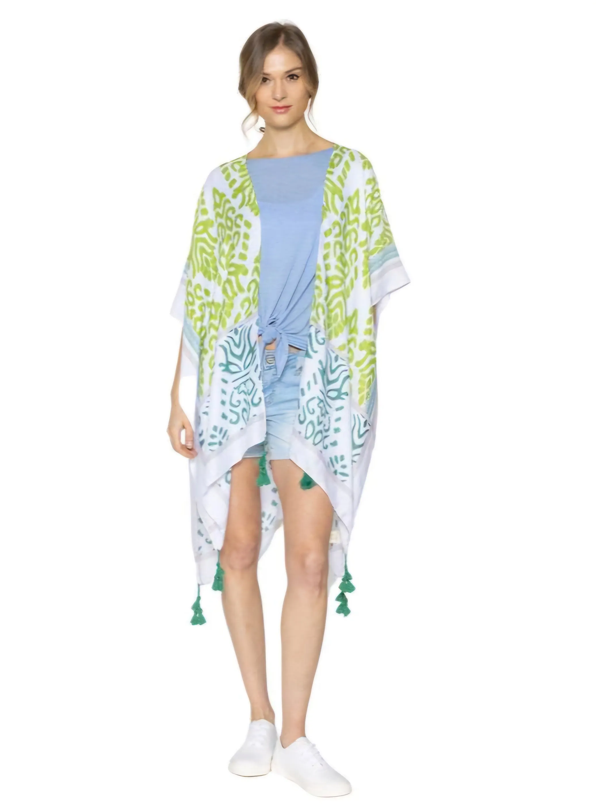 Green Damask Print Tassel Kimono