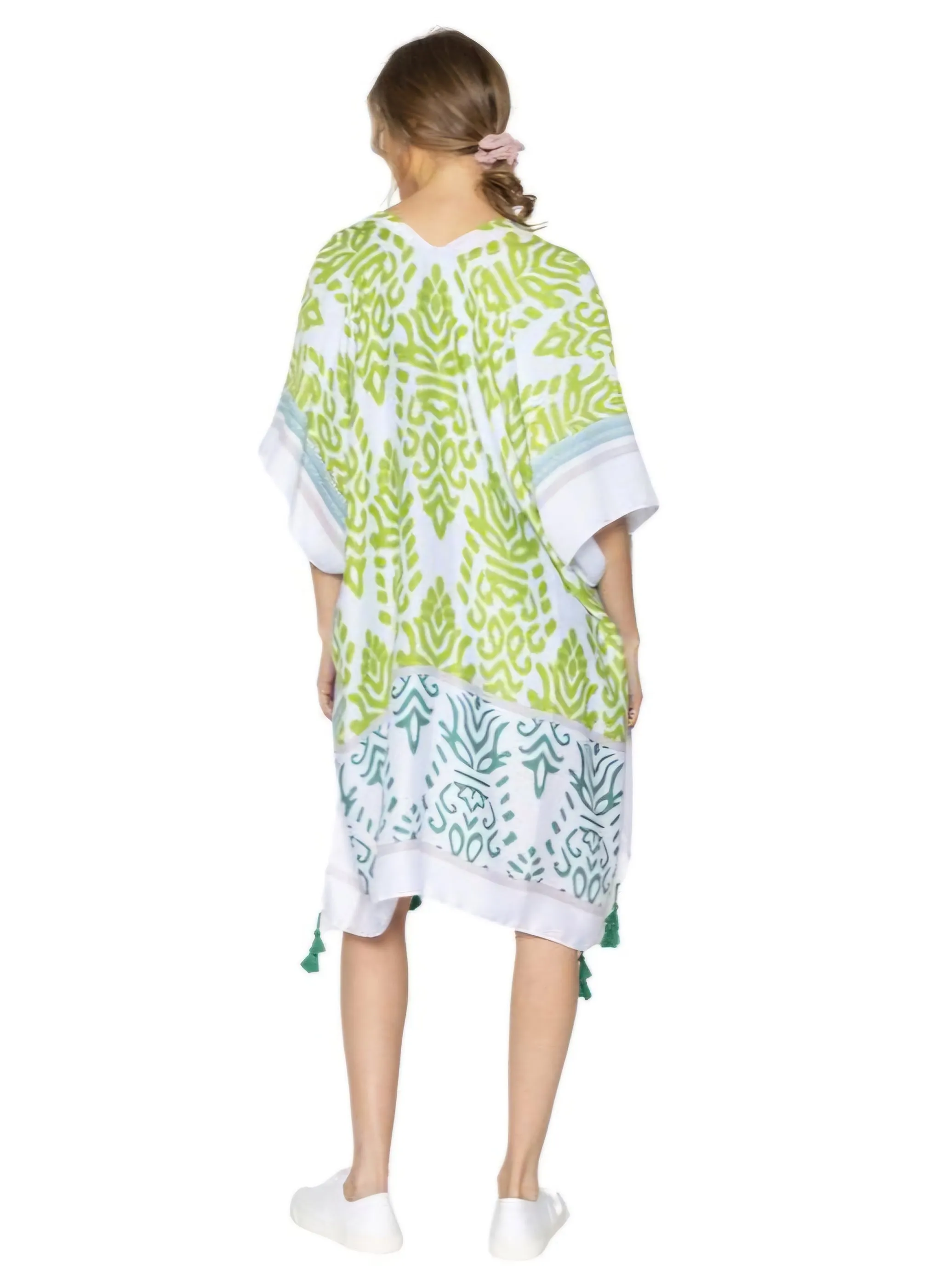 Green Damask Print Tassel Kimono