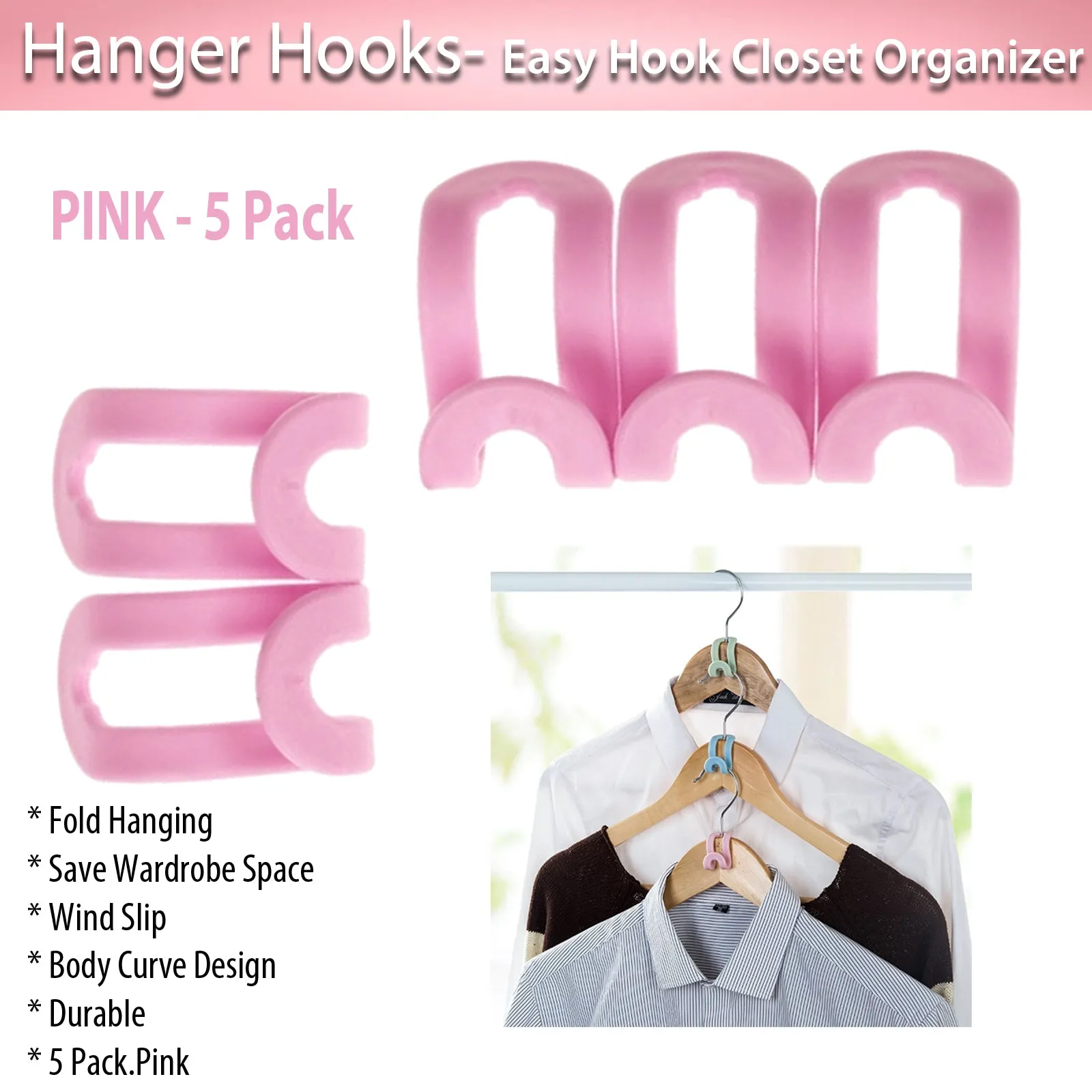 Hanger Hooks- Easy Hook Closet Organizer  - Pink - 5 Pack