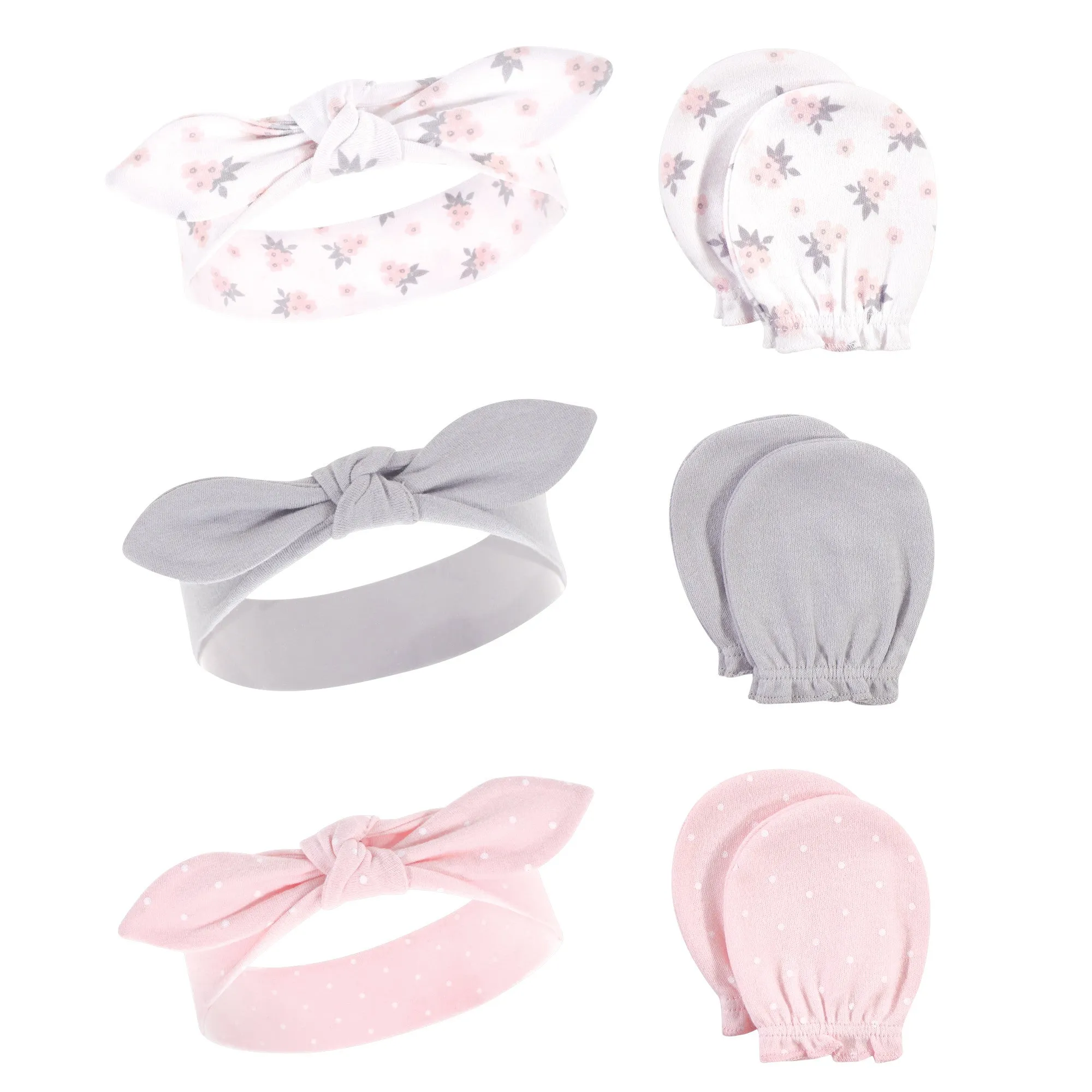 Hudson Baby Cotton Headband and Scratch Mitten Set, Pink Gray Floral