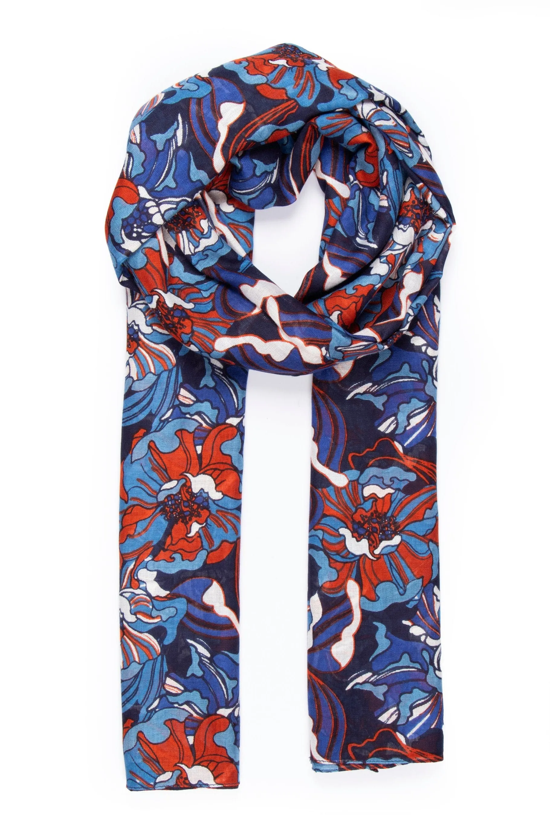 Kenna Lightweight Scarf - Blue/Coral, Hydrangea Floral