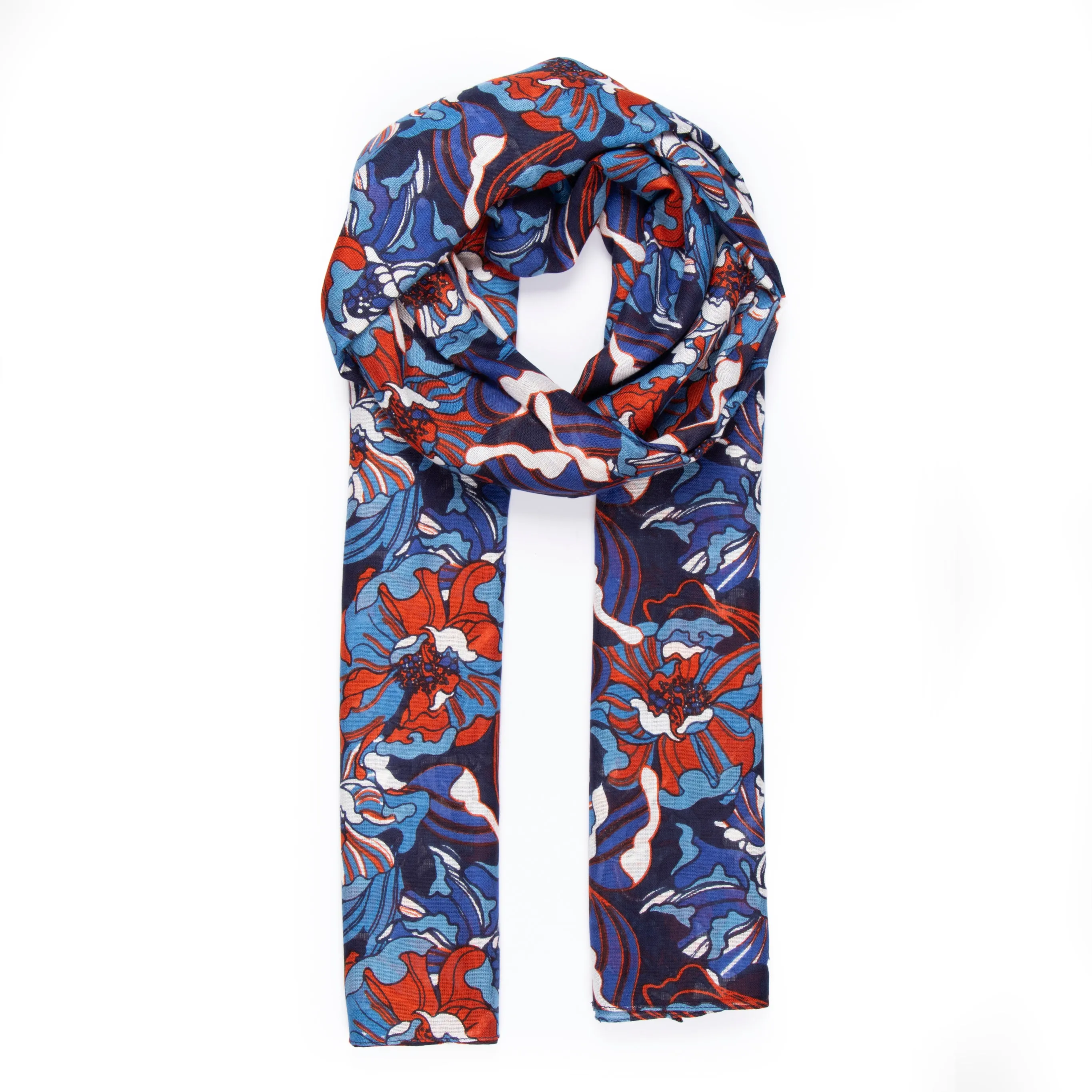 Kenna Lightweight Scarf - Blue/Coral, Hydrangea Floral