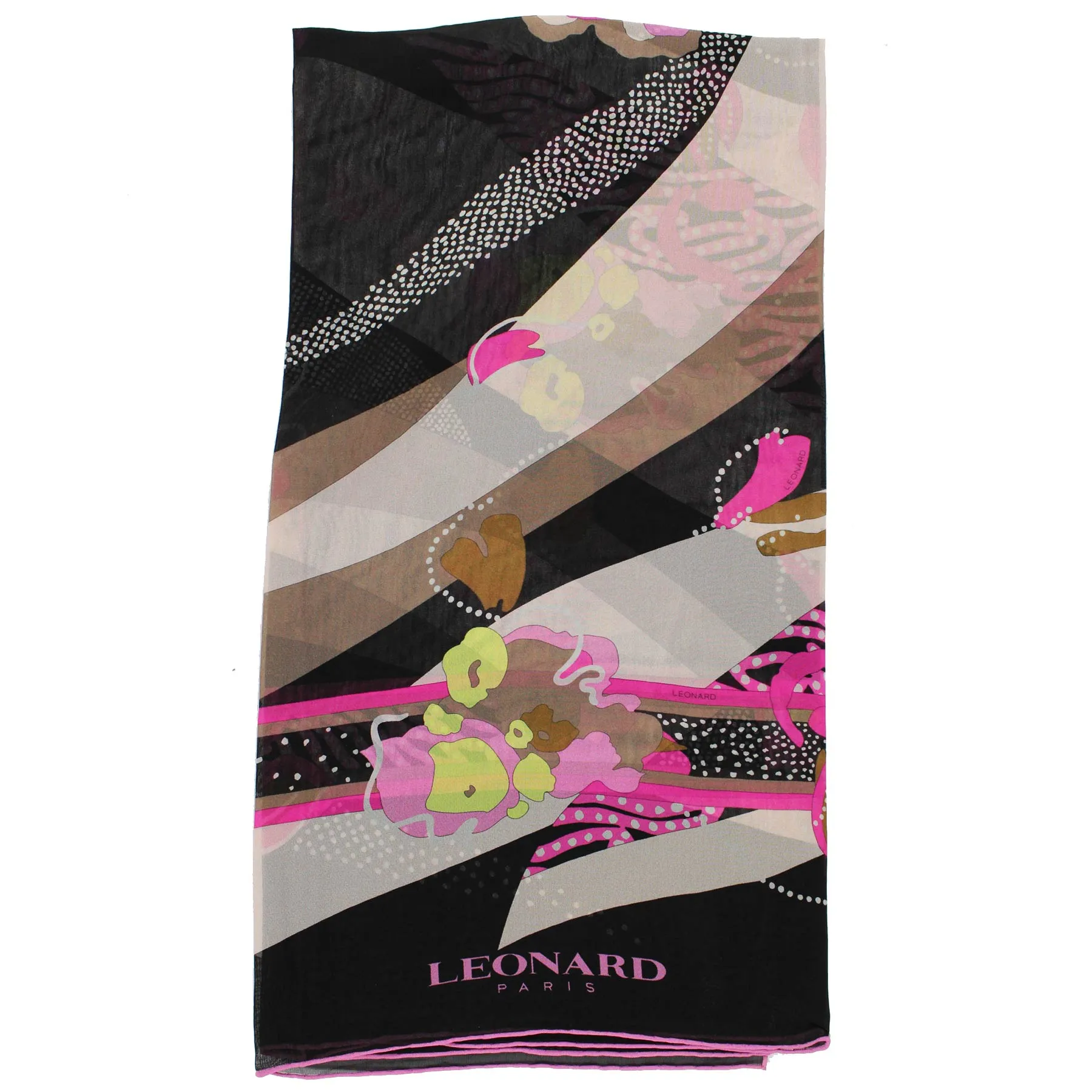 Leonard Paris Scarf Black Cream Pink Floral - Chiffon Silk Shawl SALE