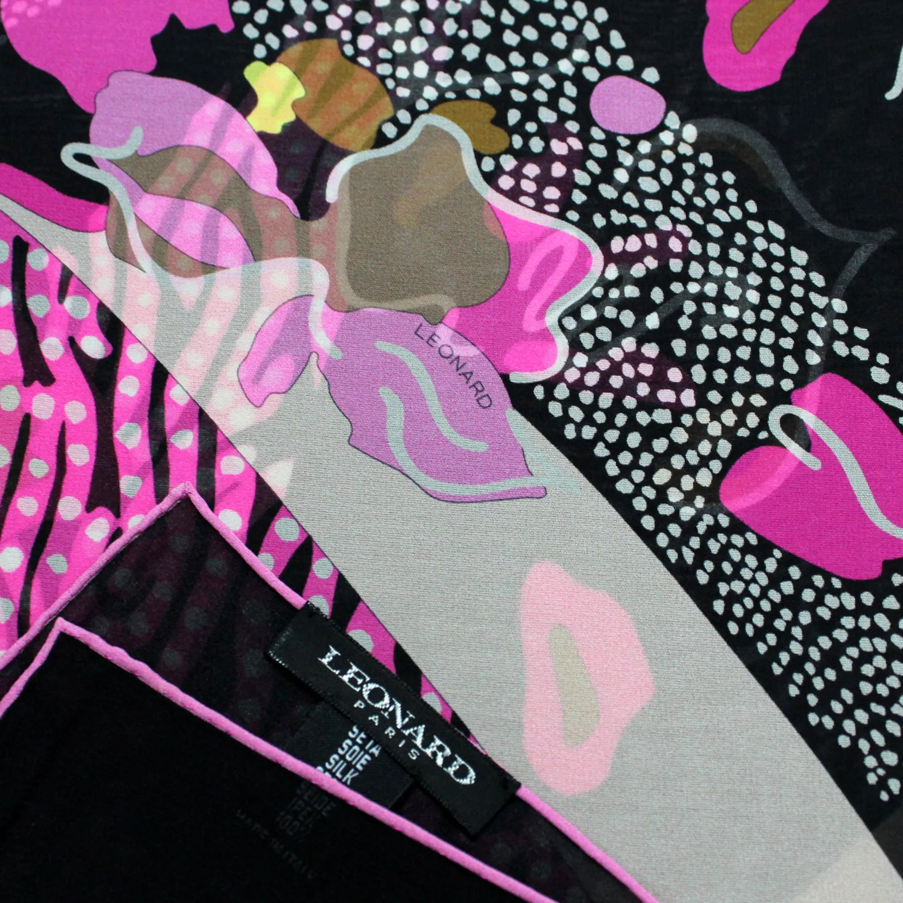 Leonard Paris Scarf Black Cream Pink Floral - Chiffon Silk Shawl SALE