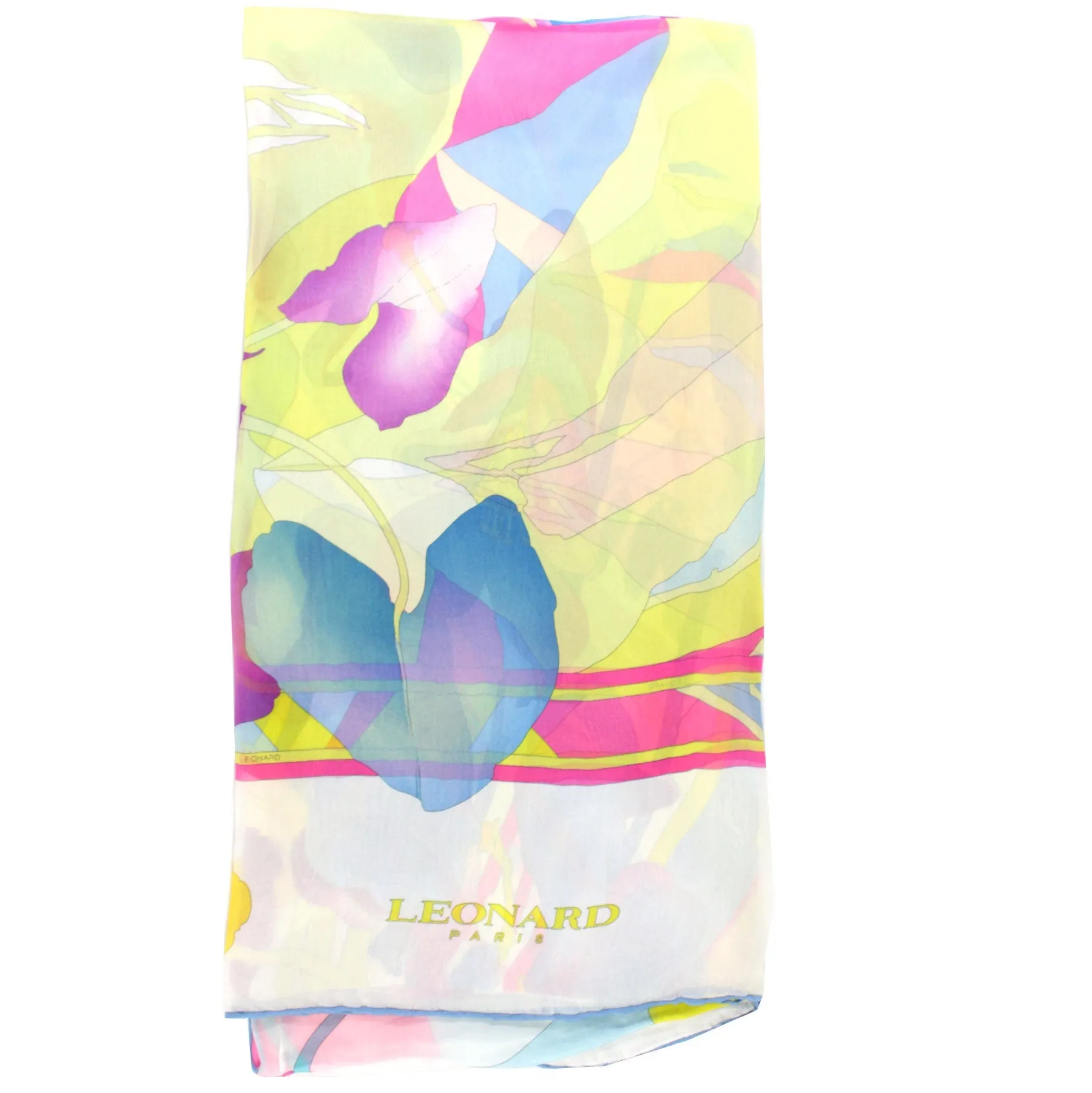 Leonard Paris Scarf Yellow Blue Pink Floral Design - Chiffon Silk Shawl