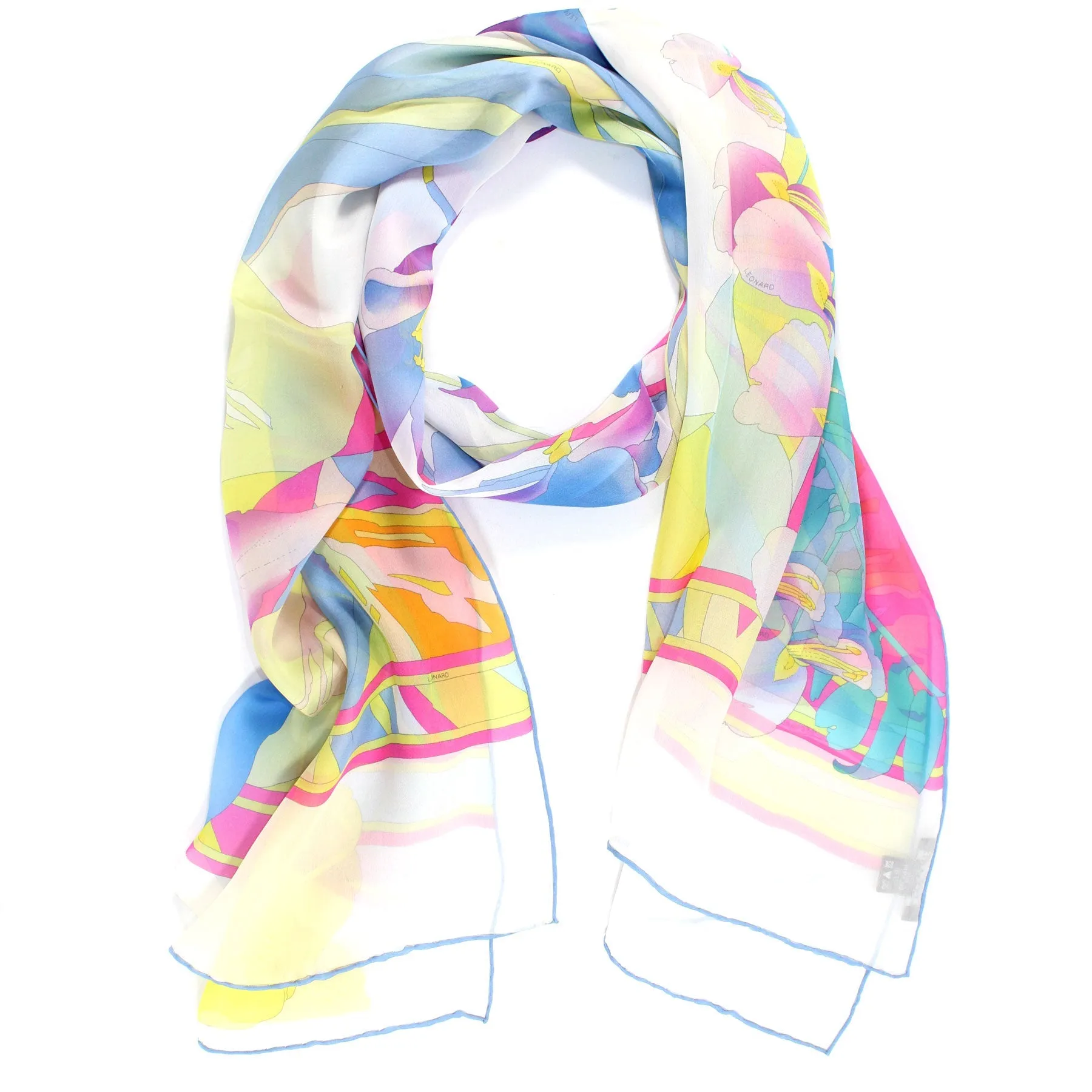 Leonard Paris Scarf Yellow Blue Pink Floral Design - Chiffon Silk Shawl