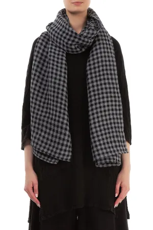 Long Grey Check Linen Scarf