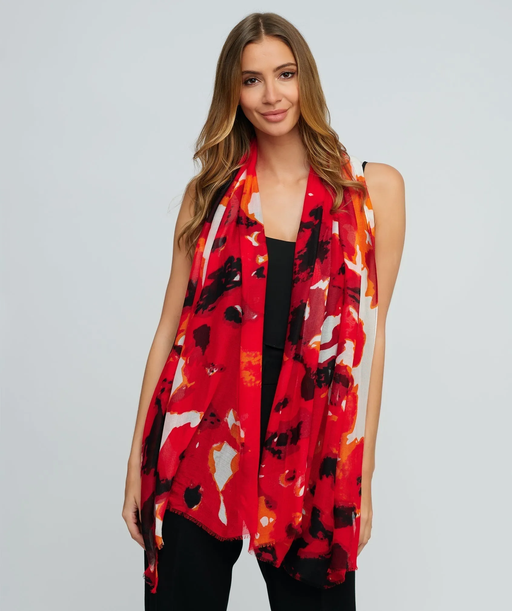 Red Printed Lightweight Scarf with Raw Edges