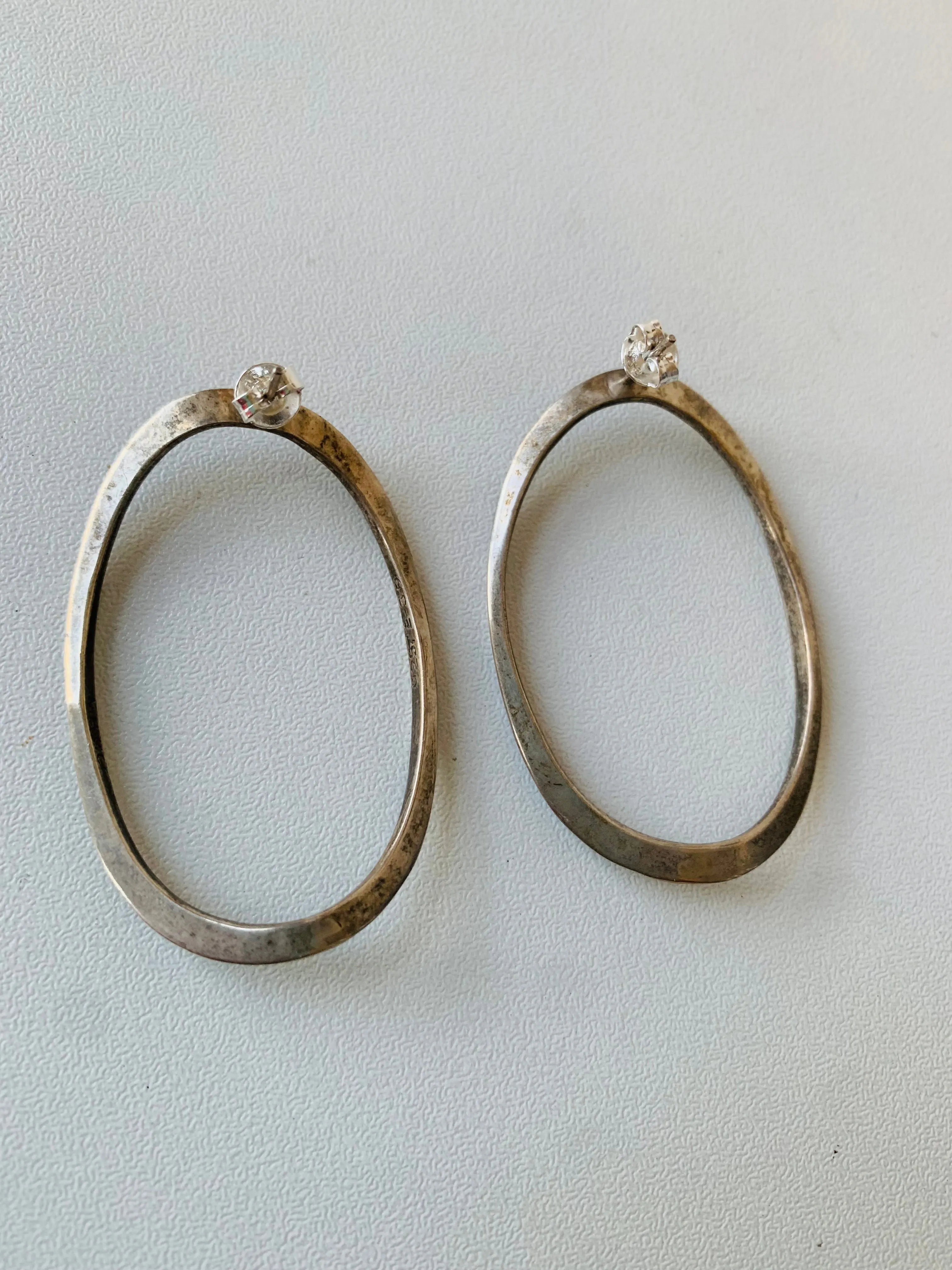 Sterling Funky Oval Hoop Post Back Earrings