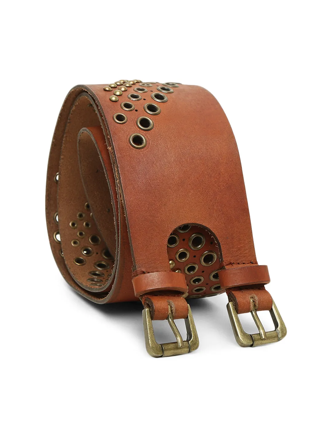 Tan Studded Genuine Leather Belt For Women By Art N Vintage