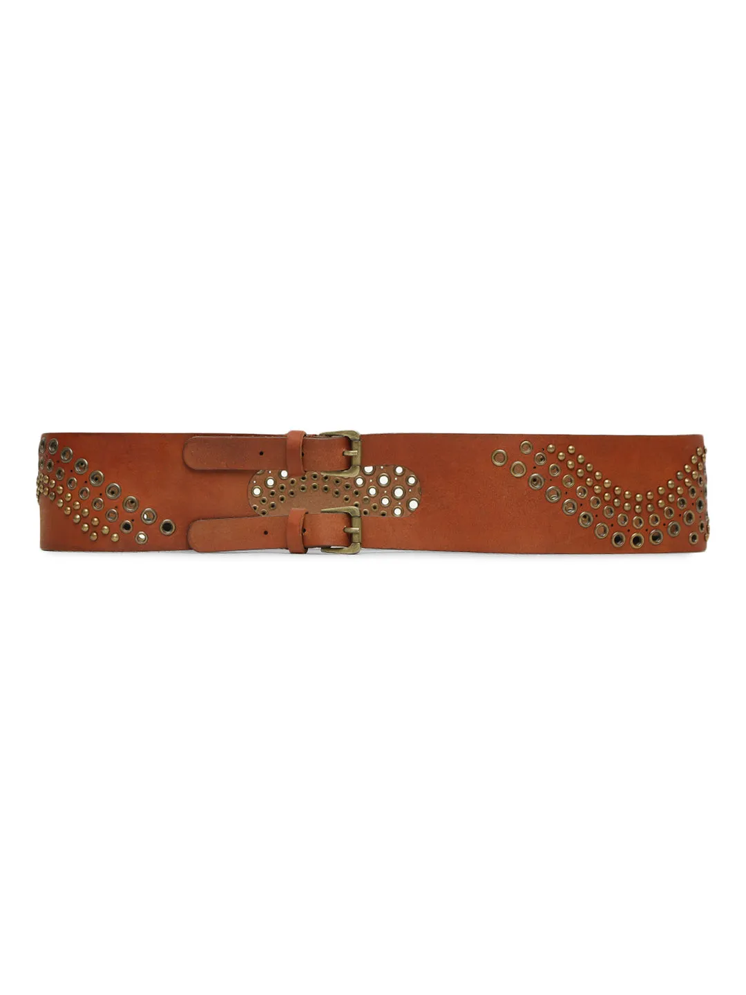 Tan Studded Genuine Leather Belt For Women By Art N Vintage