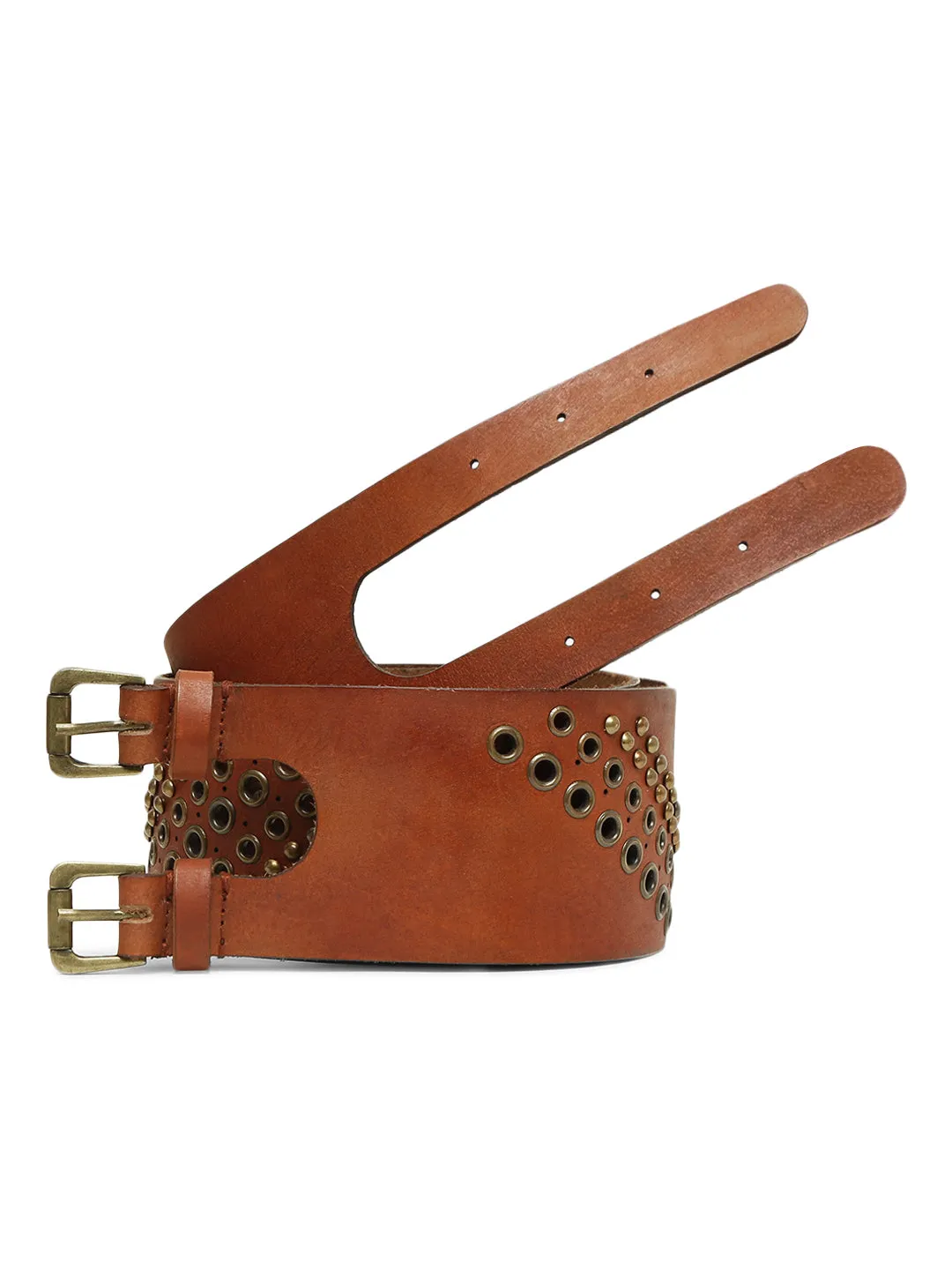 Tan Studded Genuine Leather Belt For Women By Art N Vintage