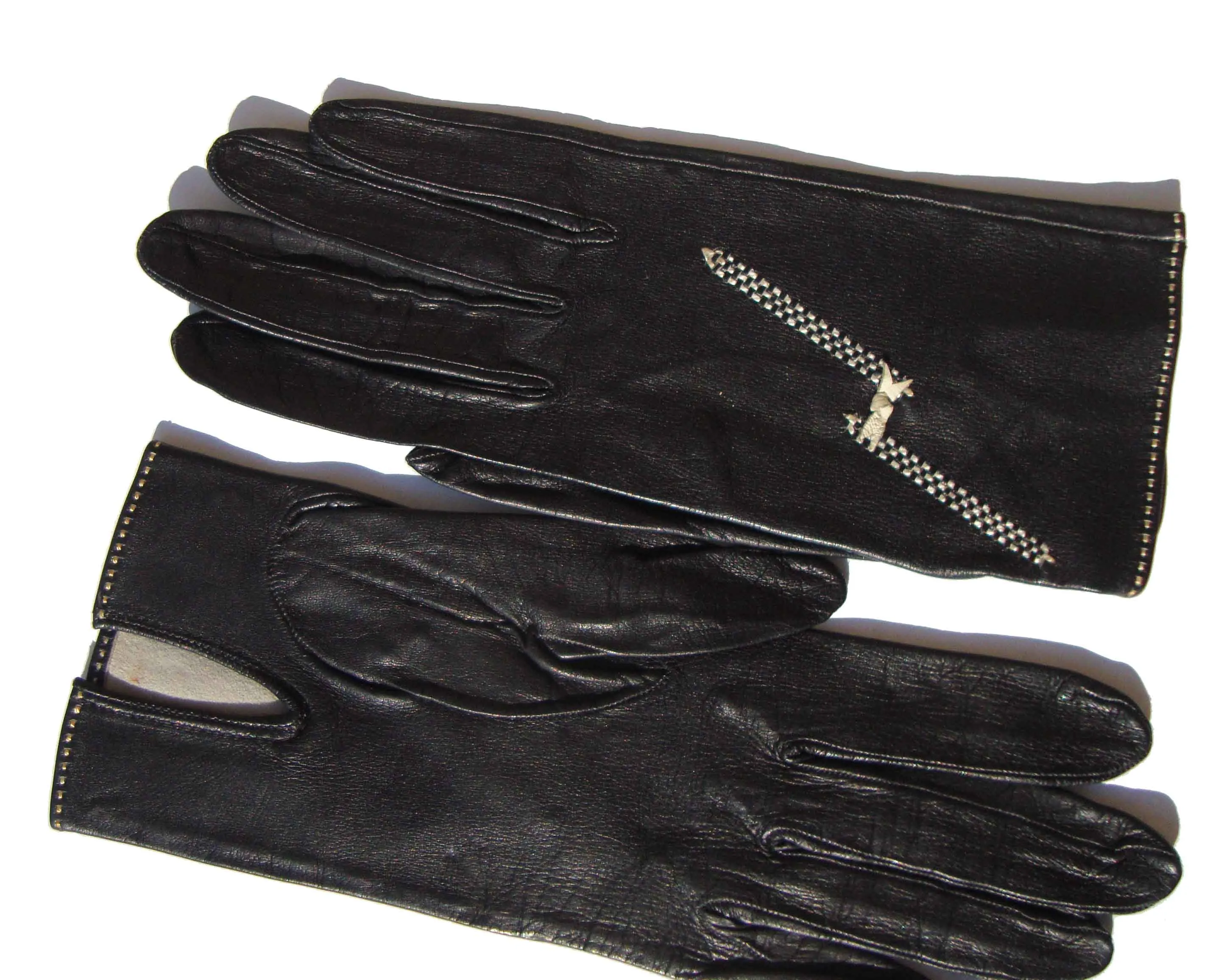 Vintage Short Gloves Womens Black Leather Sz 6.25